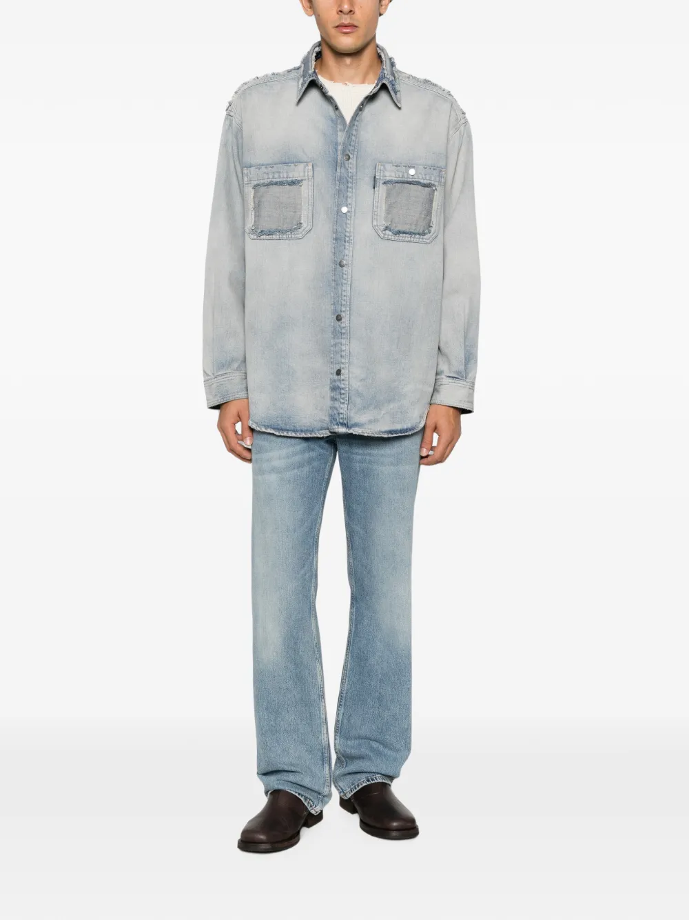 Haikure Nelson distressed patchwork denim shirt Blauw