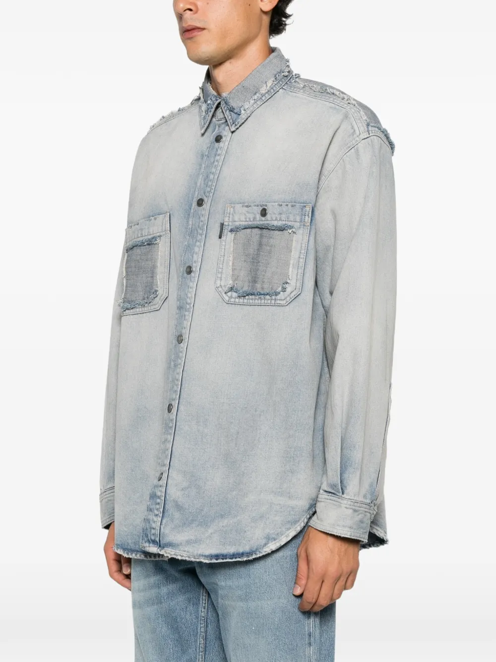Haikure Nelson distressed patchwork denim shirt Blauw