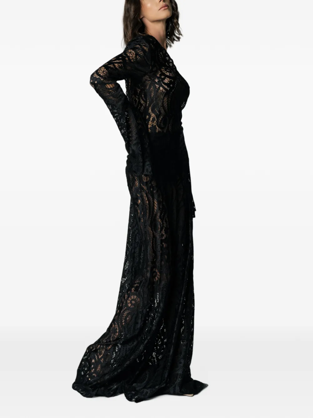 MIAU by Clara Rotescu lace bell-sleeve maxi dress - Nero