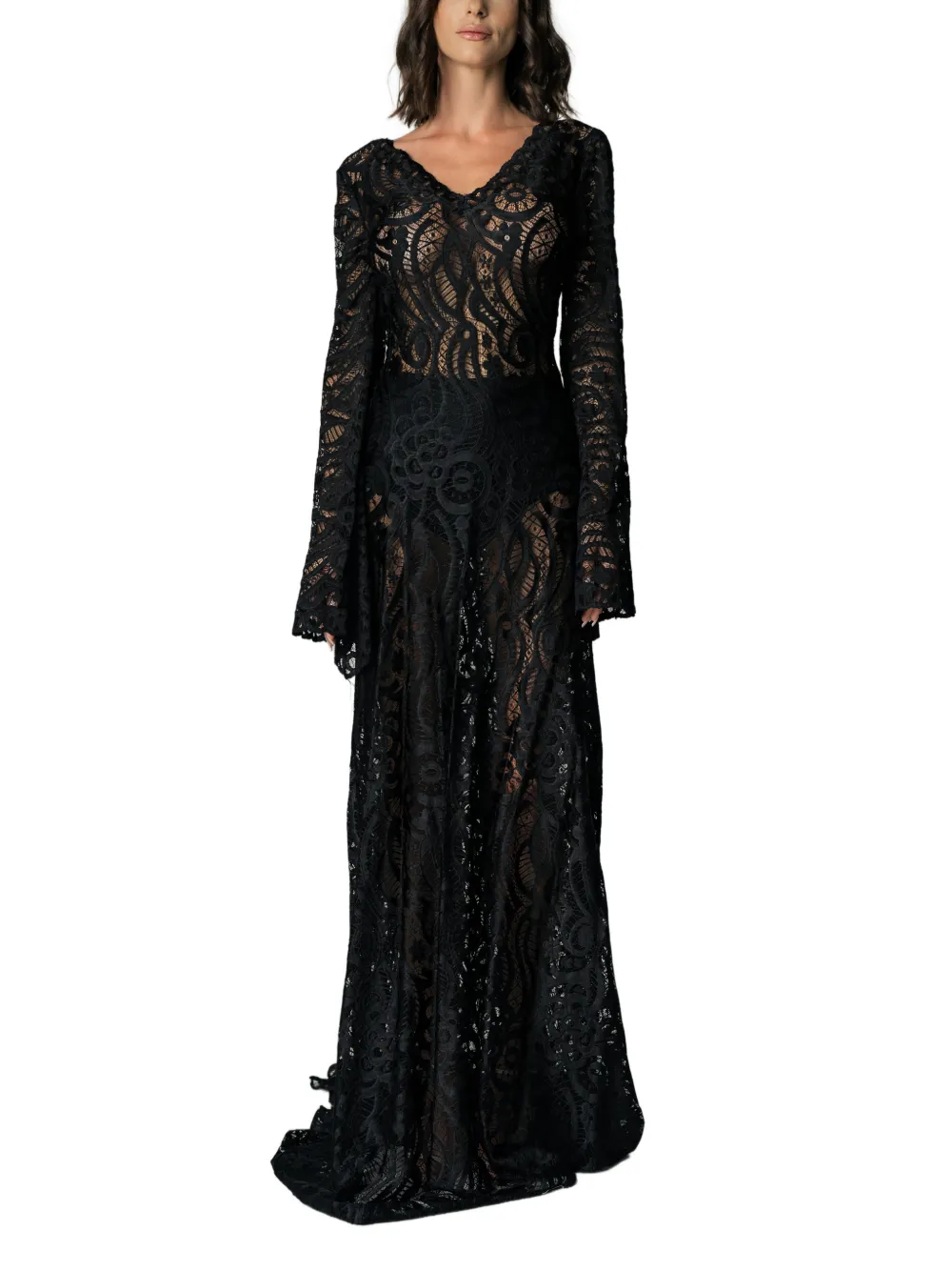 MIAU by Clara Rotescu lace bell-sleeve maxi dress - Nero