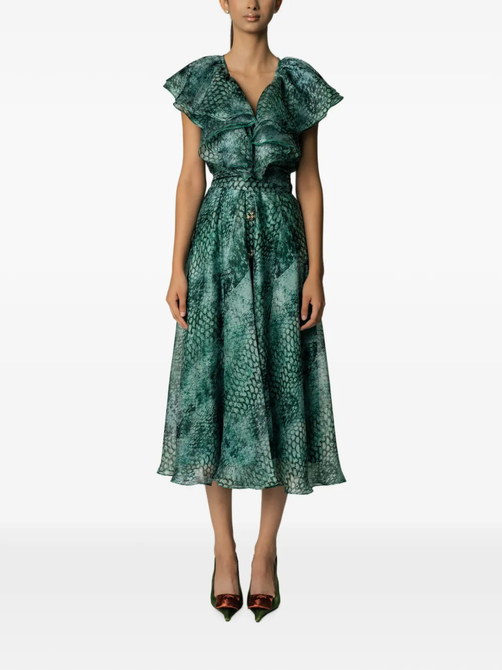MIAU by Clara Rotescu snakeskin-print ruffled midi dress