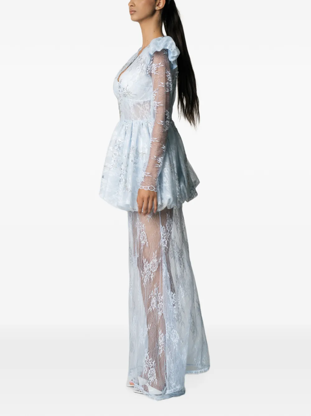 MIAU by Clara Rotescu maxi-dress met ballonrok en kanten laag Blauw
