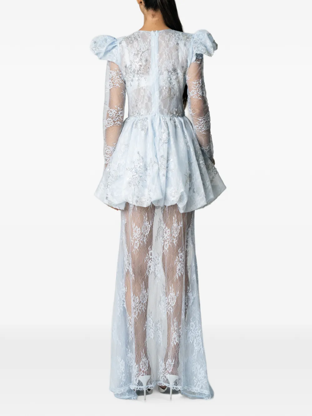 MIAU by Clara Rotescu maxi-dress met ballonrok en kanten laag Blauw