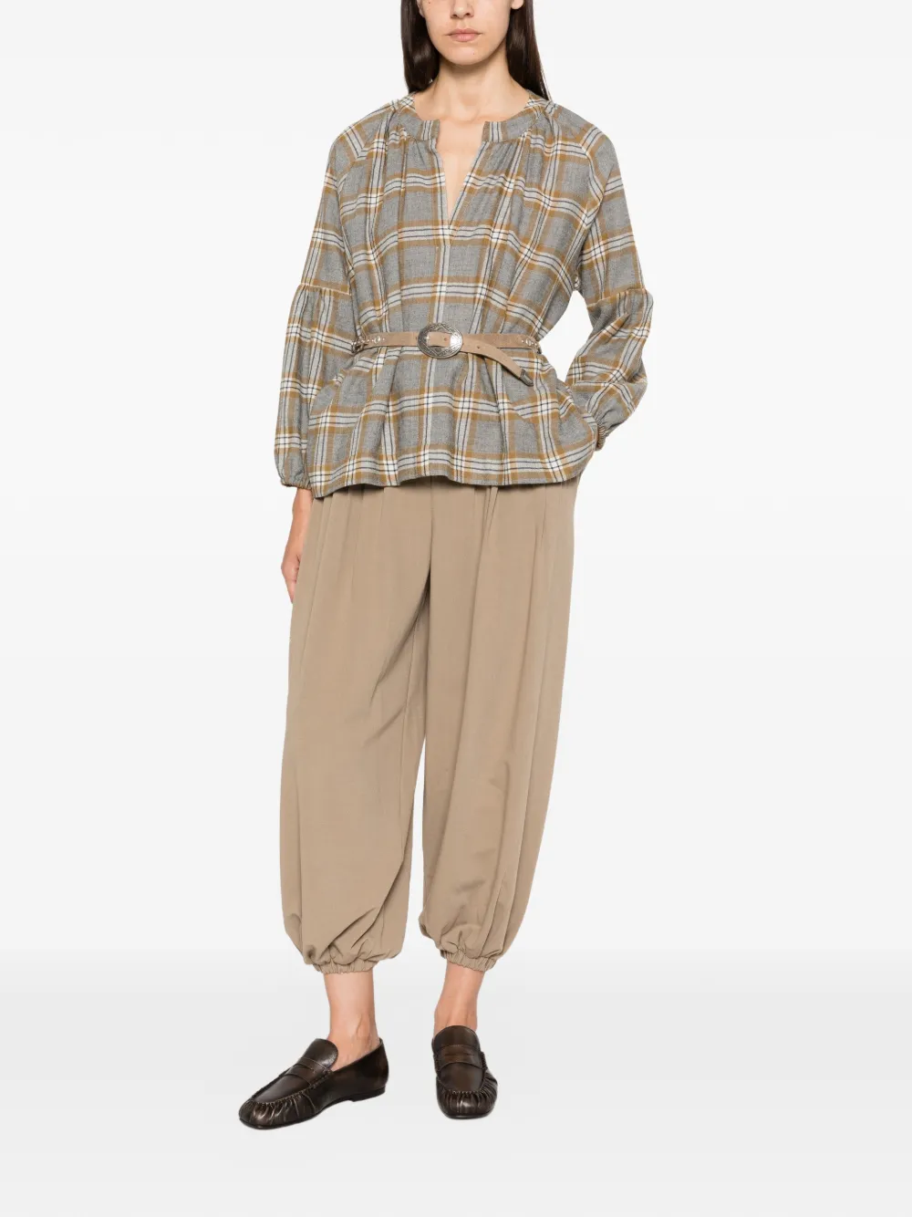 A.SHIRT MILANO Marella geruite blouse met pofmouwen Grijs