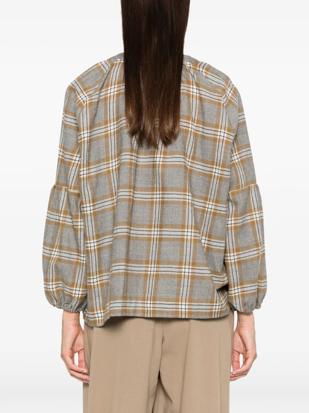 A.SHIRT MILANO Marella geruite blouse met pofmouwen Grijs