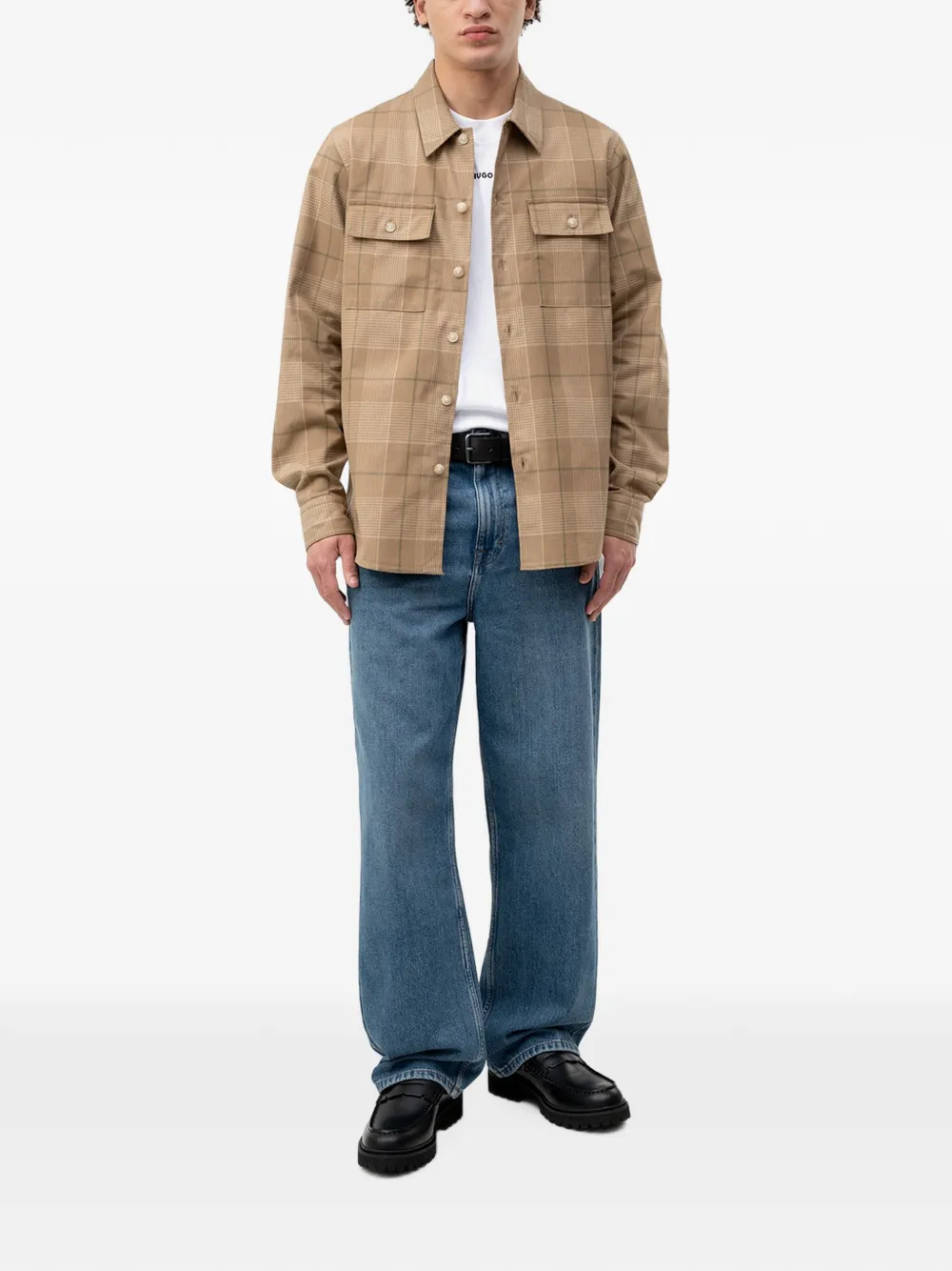 HUGO Geruit overhemd met klepzak Beige