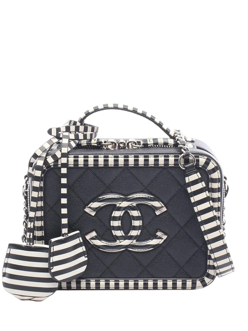 Pre-owned Chanel 2019 Small Caviar Striped Cc Filigree Vanity Case Satchel In Black