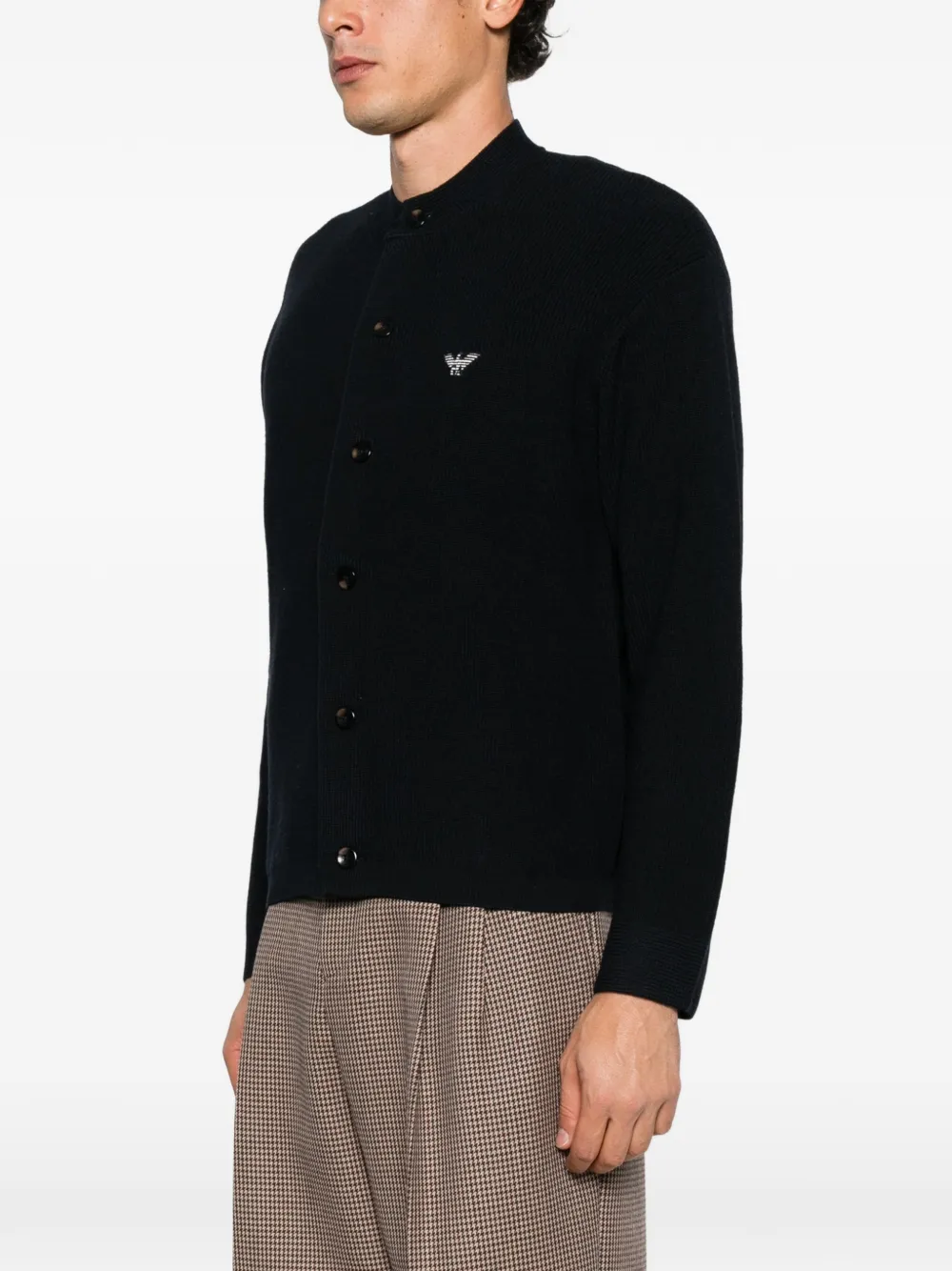 Emporio Armani logo-patch ribbed-knit cardigan Blauw