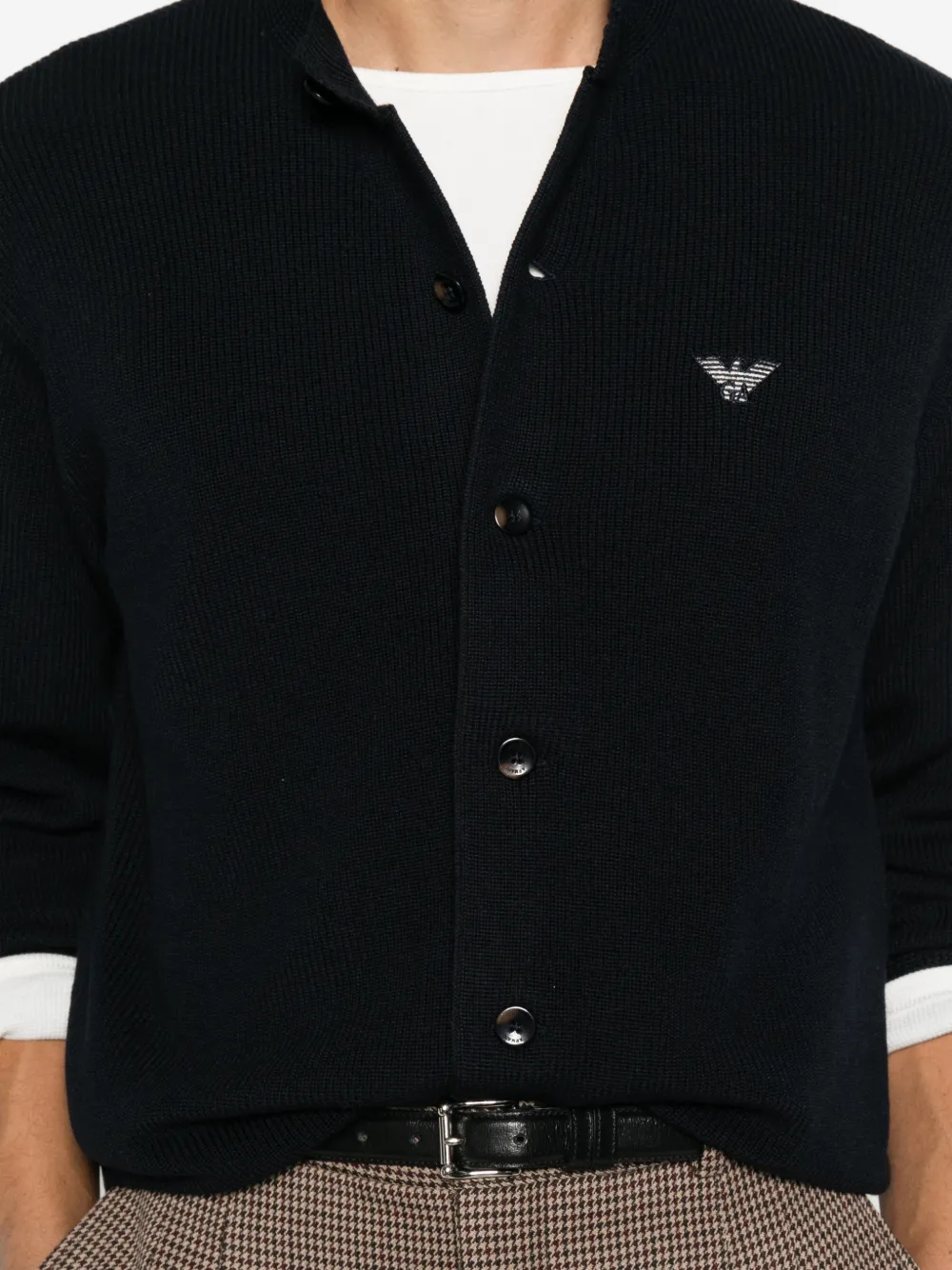 Emporio Armani logo-patch ribbed-knit cardigan Blauw