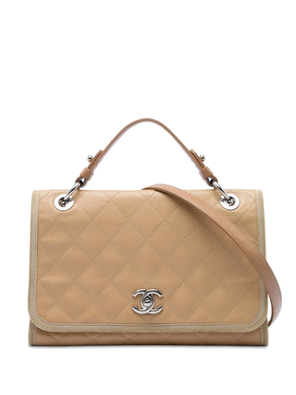CHANEL Pre-Owned 2018 CC Bicolor Quilted Caviar and Grosgrain Top Handle Flap satchel - Marrone