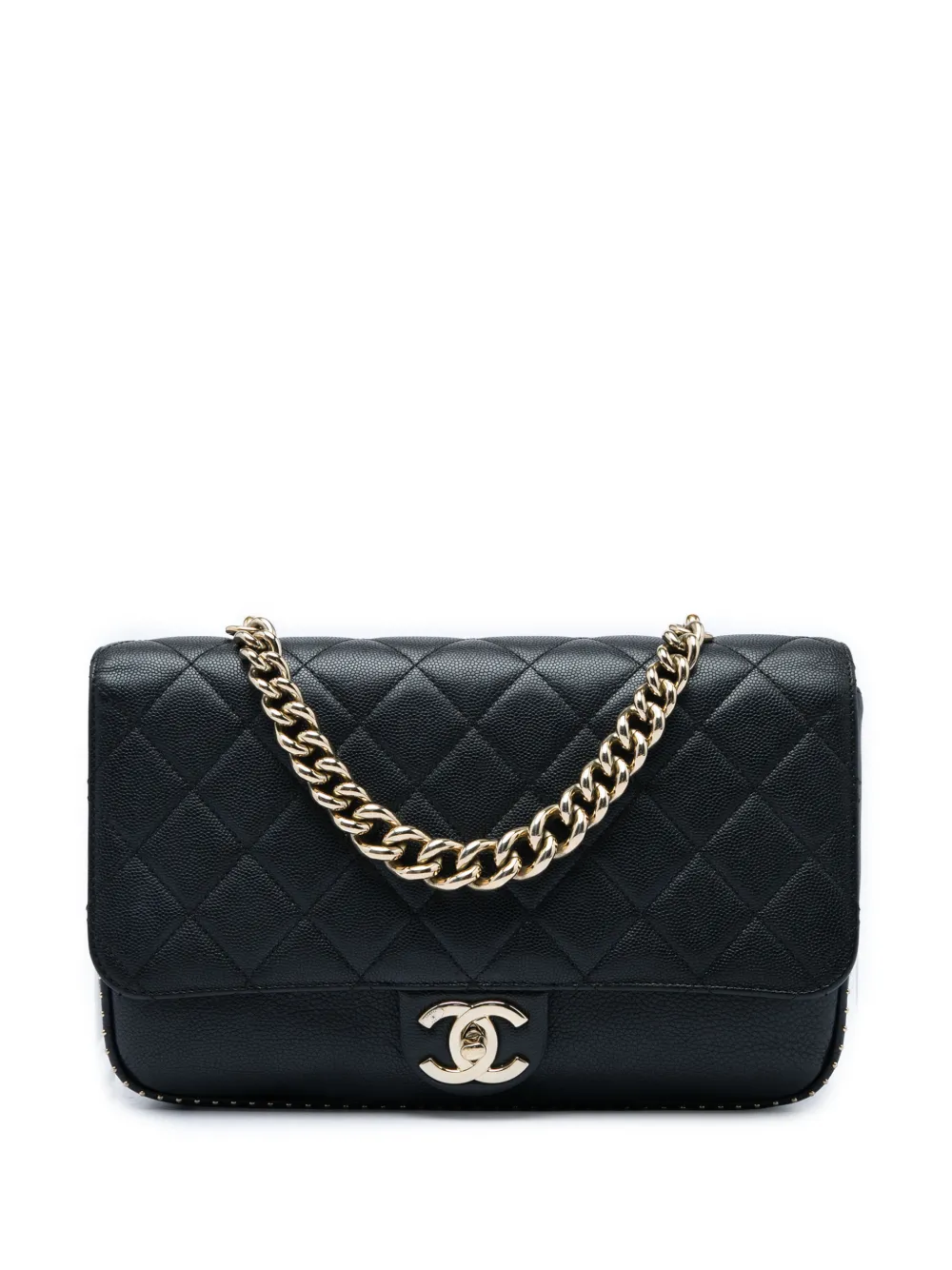 CHANEL Pre-Owned 2017-2018 Large CC Quilted Caviar Studded Single Flap satchel - Nero