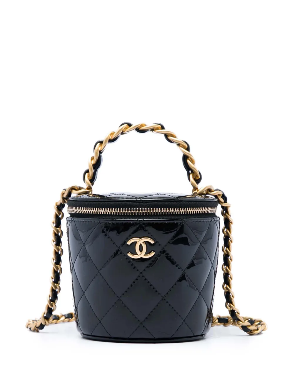 Pre-owned Chanel 2021-2026 Quilted Patent Afternoon Tea Top Handle Vanity Case With Chain Satchel In Black