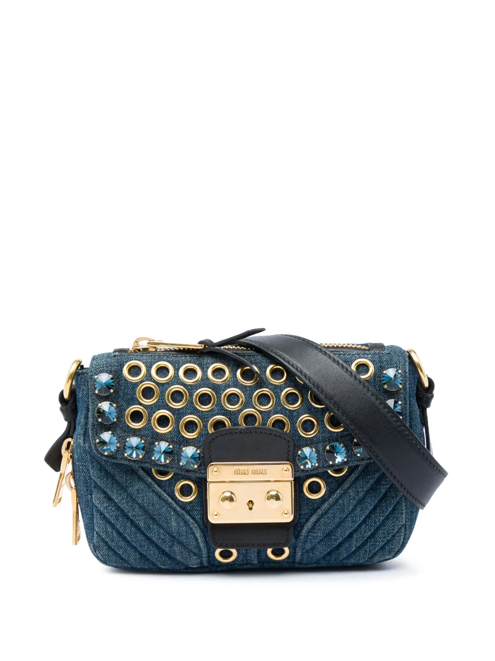 Miu Miu Pre-Owned 2010-2026 Denim Grommet and Crystal Embellished Biker crossbody bag - Blu