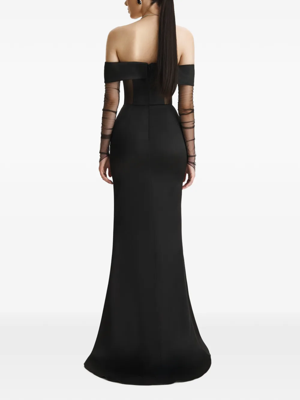 BENEDETTO Off-shoulder maxi-jurk met mesh mouwen Zwart