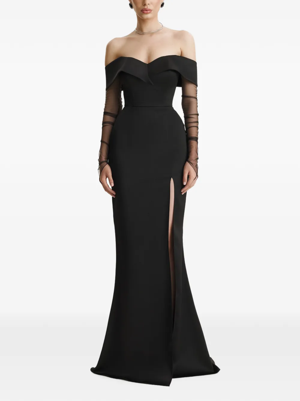 BENEDETTO Off-shoulder maxi-jurk met mesh mouwen Zwart