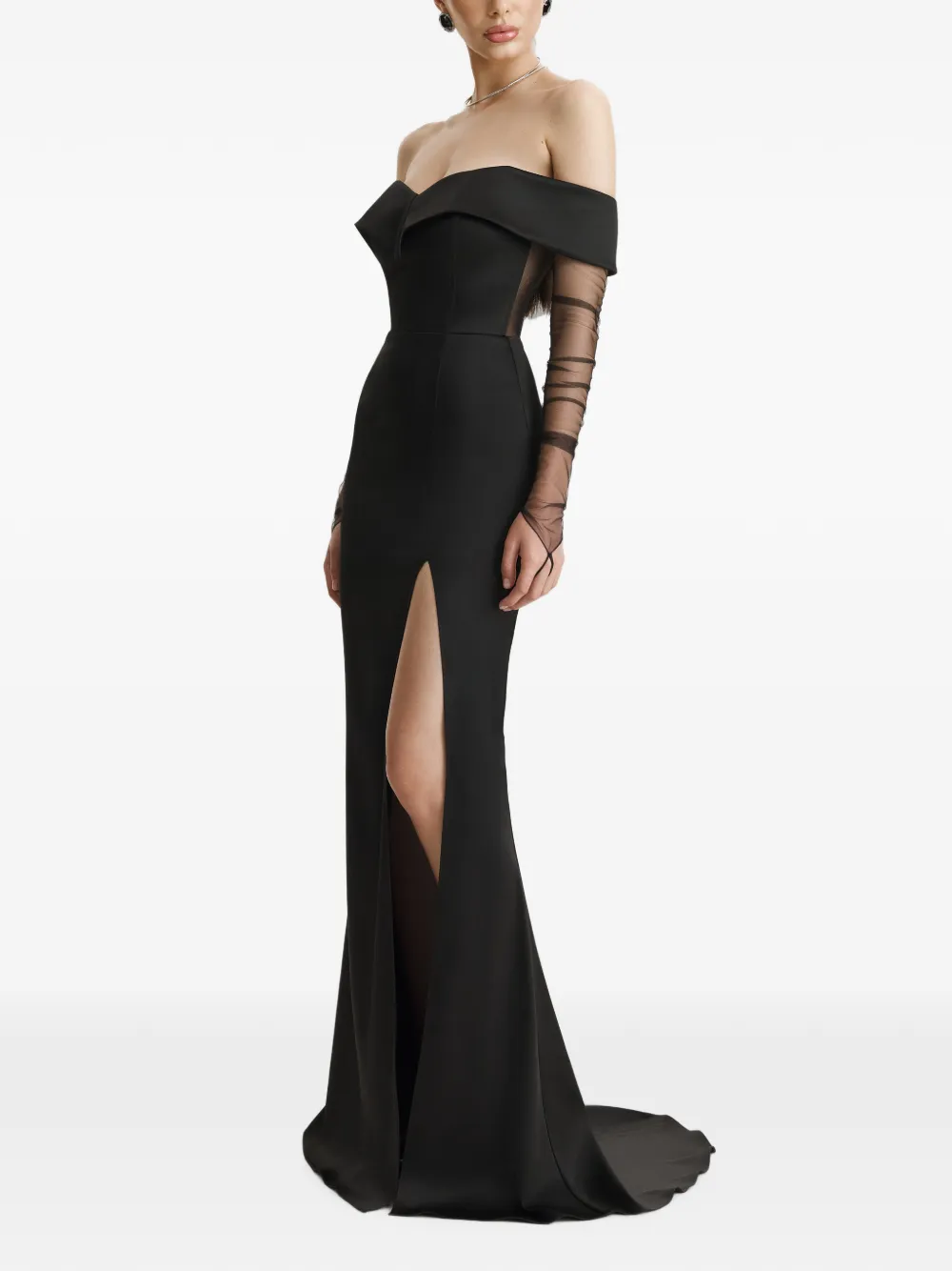 BENEDETTO Off-shoulder maxi-jurk met mesh mouwen Zwart