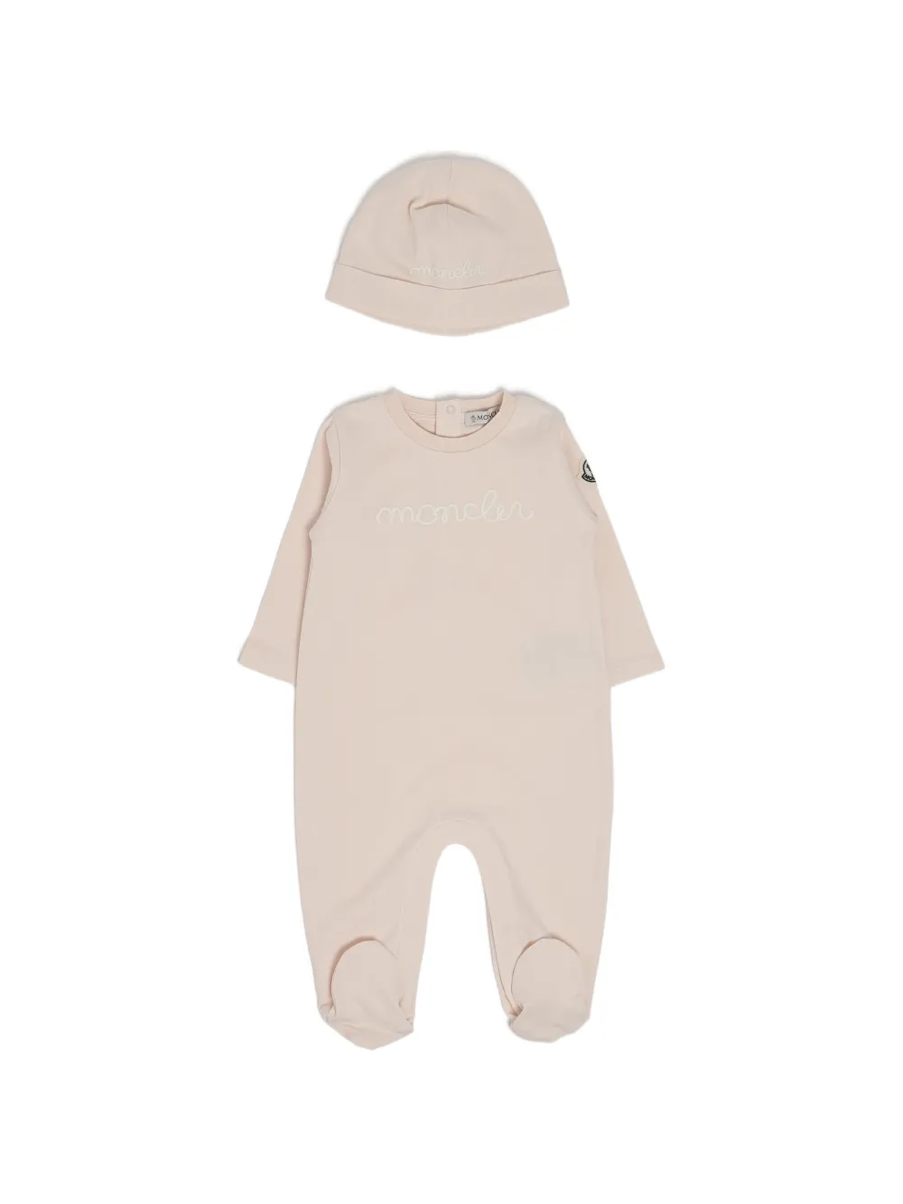 Moncler Enfant logo-embroidered beanie hat sleepsuit set Beige