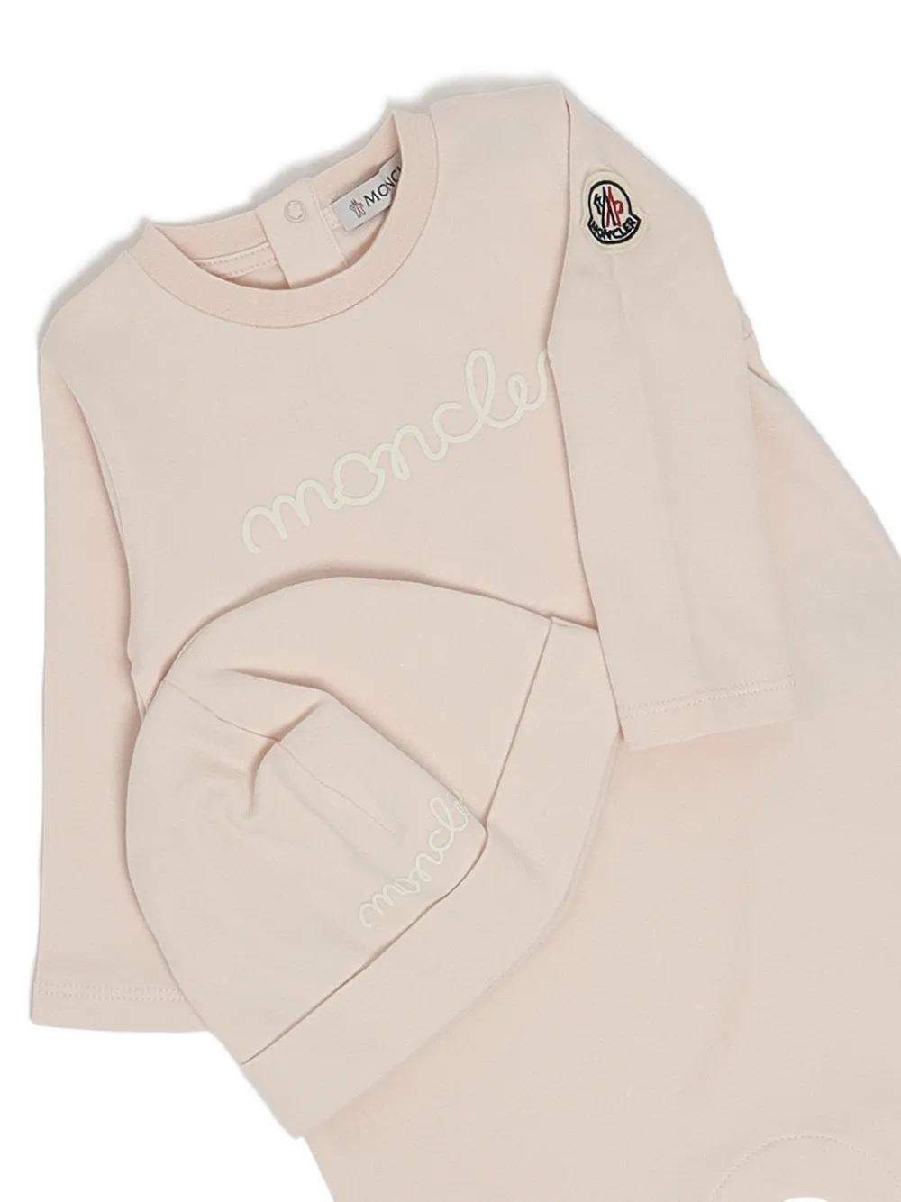 Moncler Enfant logo-embroidered beanie hat sleepsuit set Beige