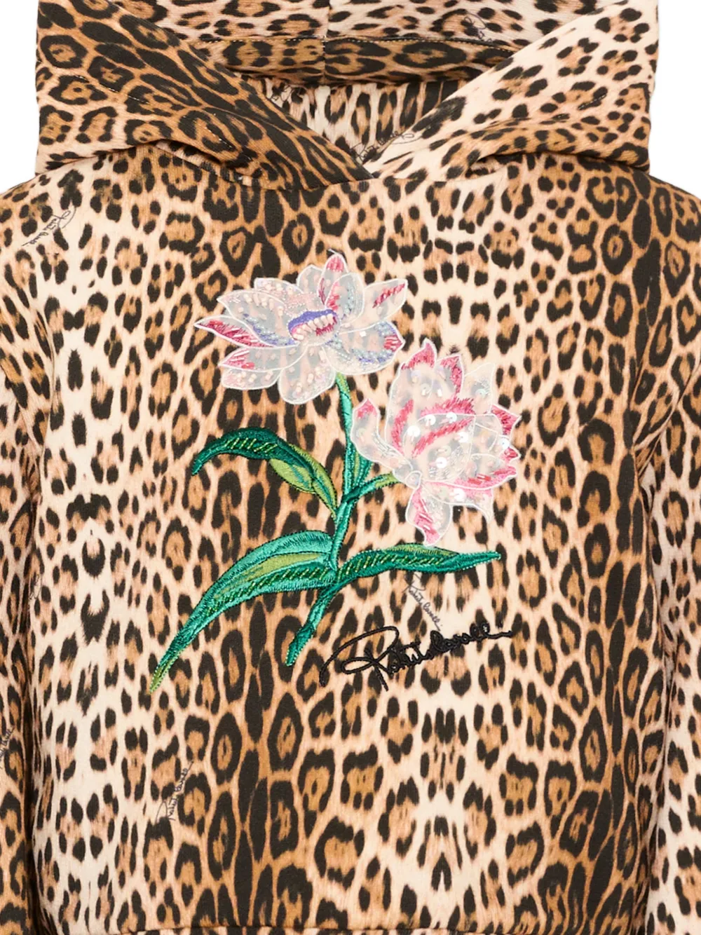 Roberto Cavalli Junior leopard-print floral-embroidered hoodie Bruin