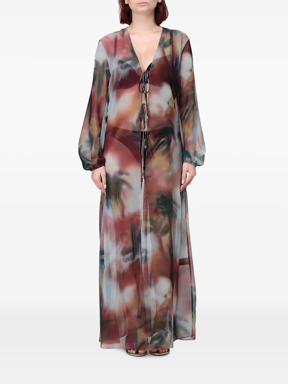 Patrizia Pepe abstract-print tie-fastening maxi beach cover-up Wit