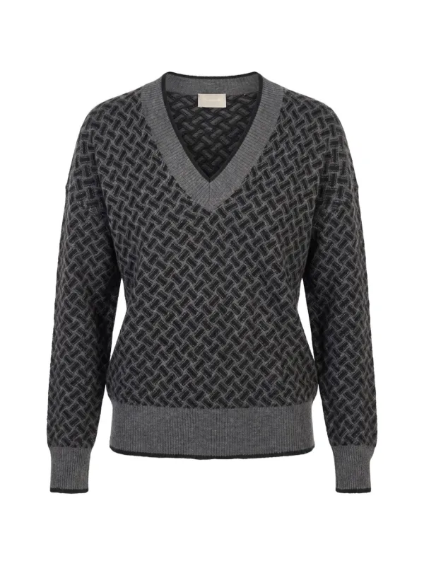 Drumohr Geometric-pattern V-neck Sweater in Grey