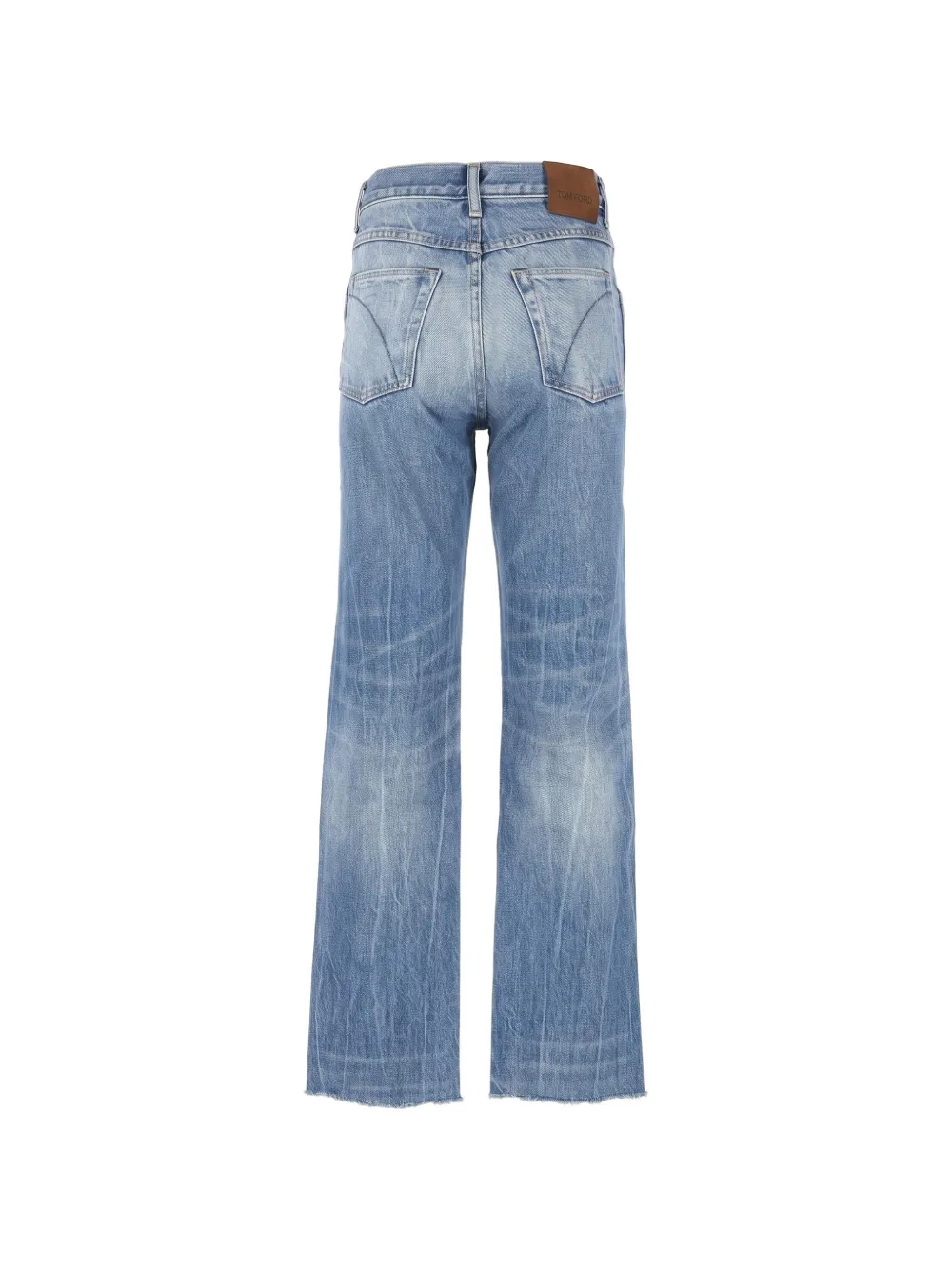 TOM FORD stonewashed denim Melanie straight pants with T-trim and frayed hem Blauw