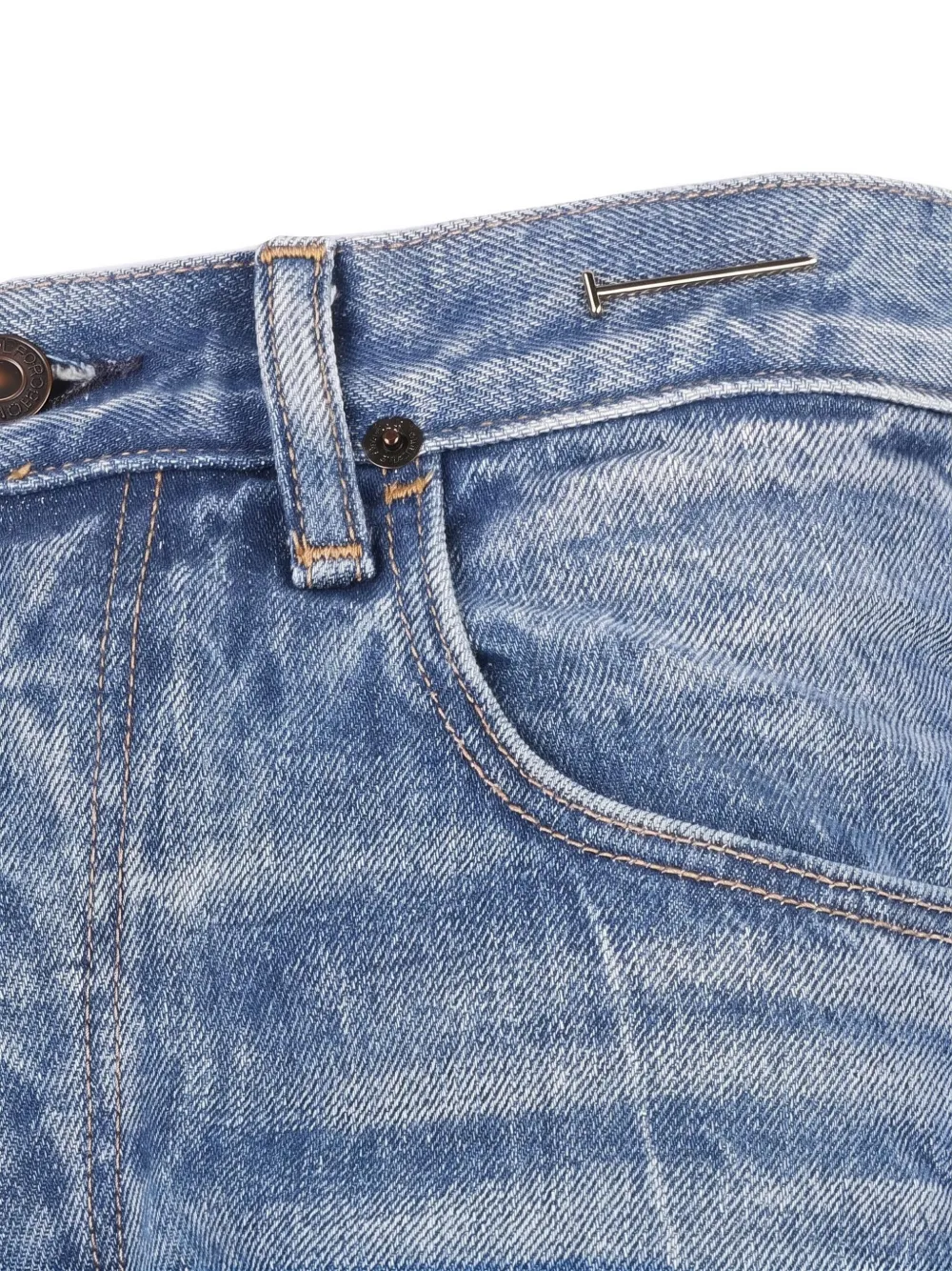 TOM FORD stonewashed denim Melanie straight pants with T-trim and frayed hem Blauw