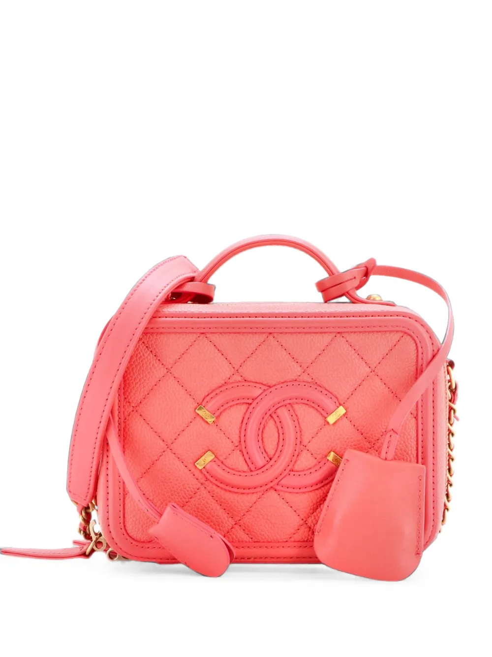 Pre-owned Chanel Filigree Vanity Case Quilted Caviar Small Satchel In Pink