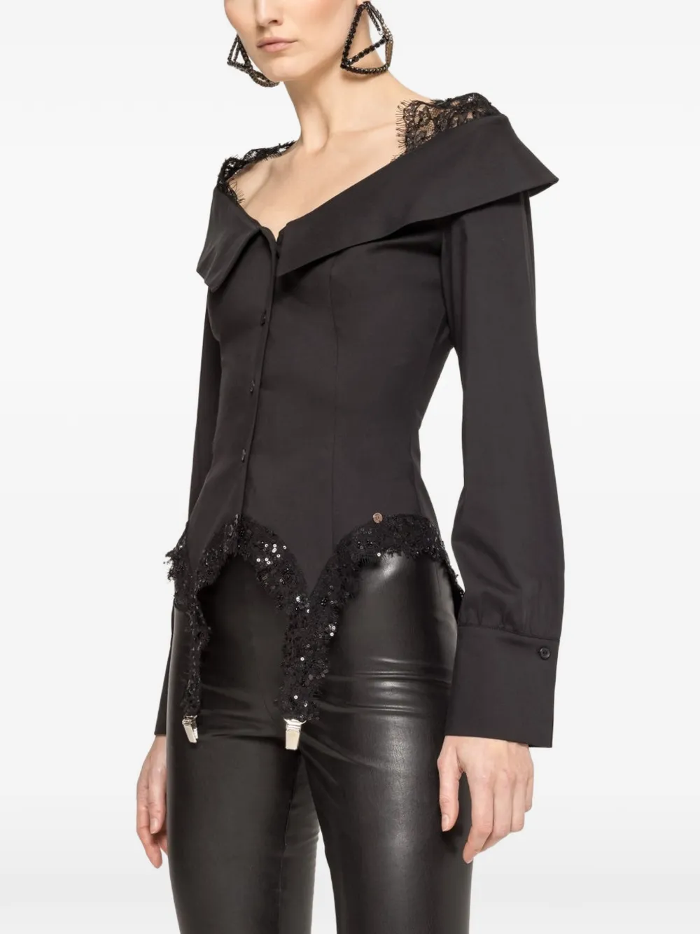 NISSA lace-trim sequin-embellished shirt - Nero
