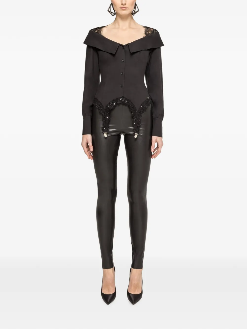 NISSA Blouse verfraaid met pailletten en kanten afwerking Zwart