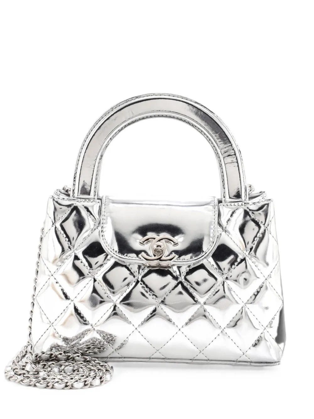 CHANEL Pre-Owned Kelly Top Handle Shopping Bag Quilted Metallic Lambskin Mini satchel - Argento