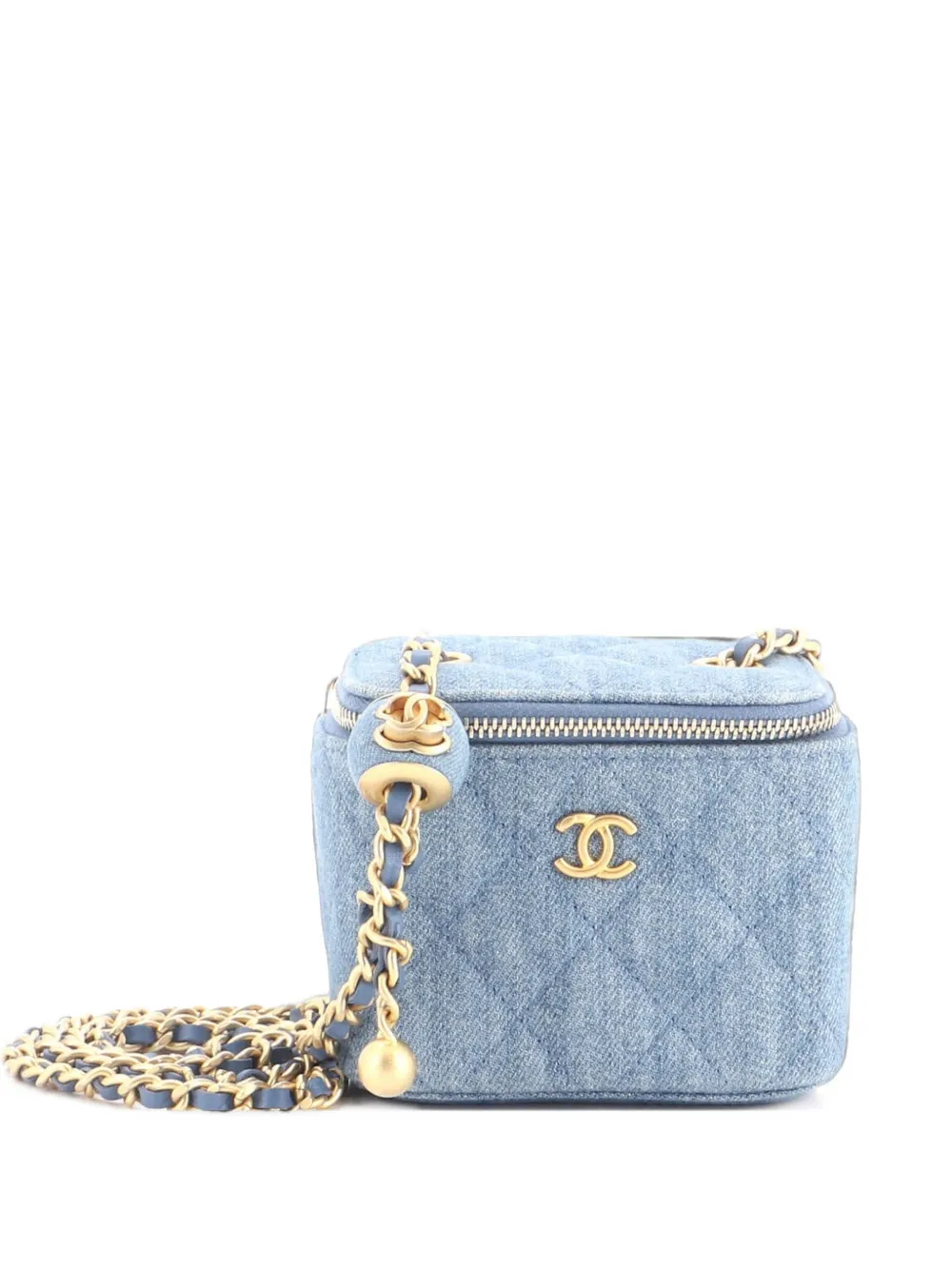 CHANEL Pre-Owned Pearl Crush Vanity Case with Chain Quilted Denim Mini clutch bag - Blu