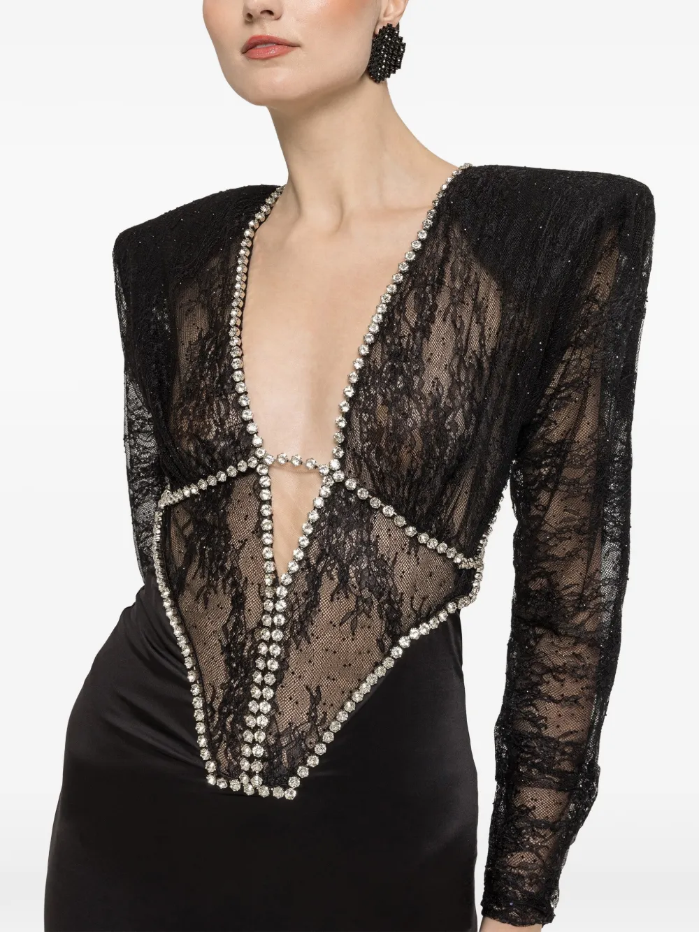 NISSA lace-panelled crystal-embellished dress - Nero