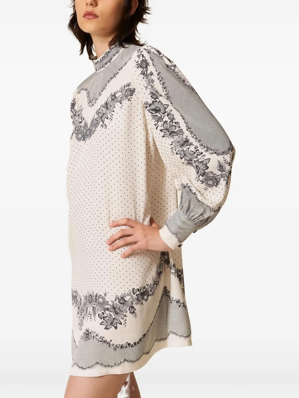 TWINSET Satijnen jurk met stippen en bloemen Beige