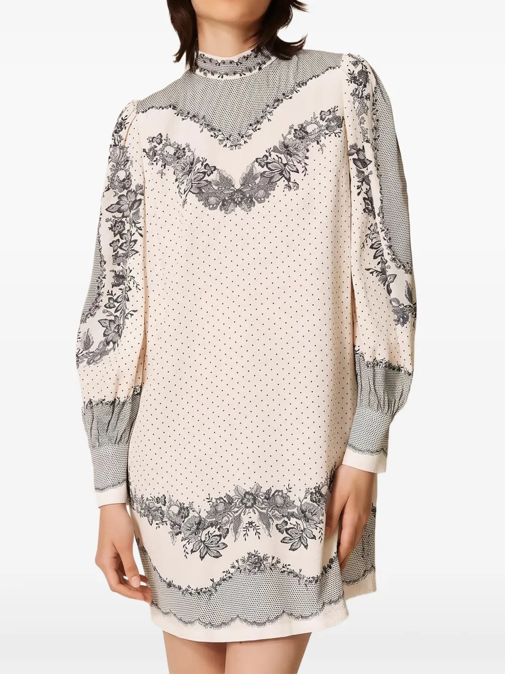 TWINSET Satijnen jurk met stippen en bloemen Beige