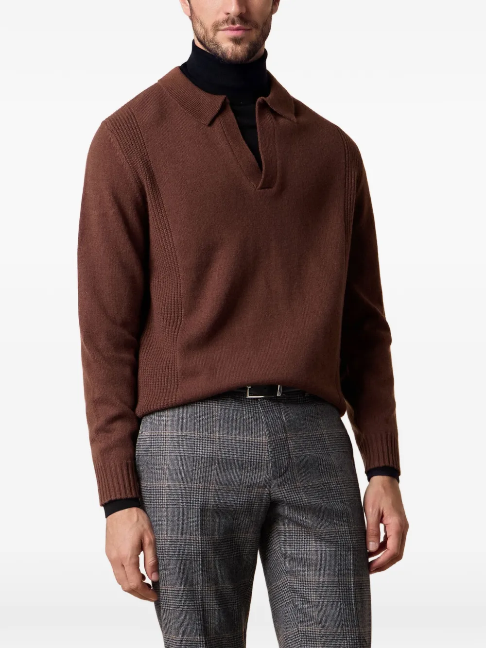Brooks Brothers Trui met open kraag en geribbelde afwerking Bruin