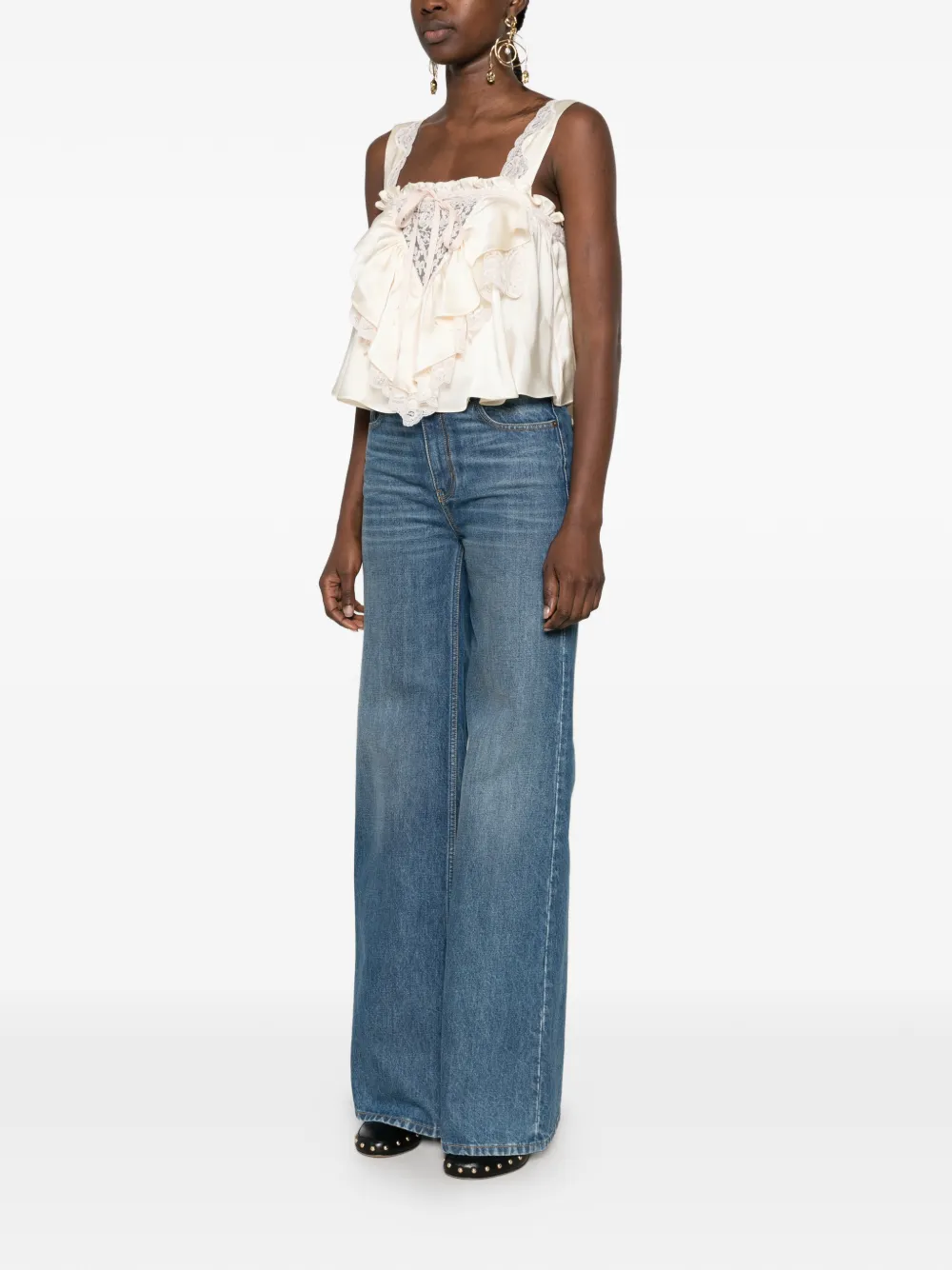 Chloé ruffle-trimmed lace-insert top Beige
