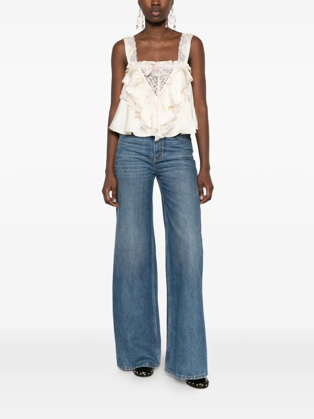 Chloé ruffle-trimmed lace-insert top Beige