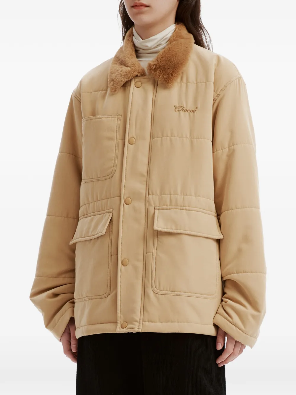 CHOCOOLATE quilted faux-fur collar jacket Beige