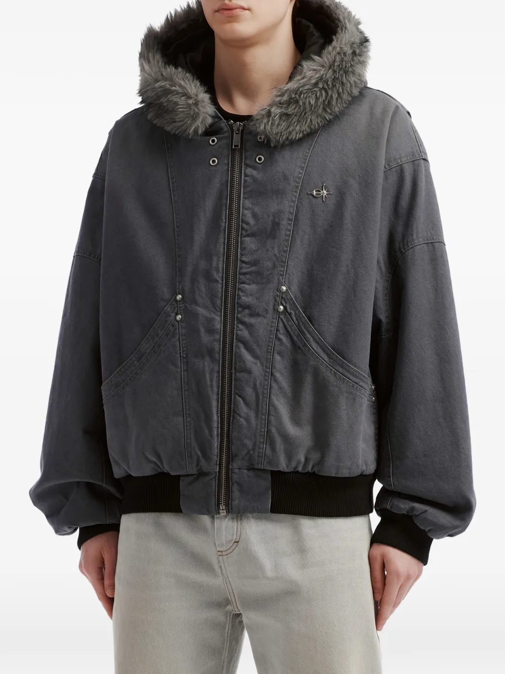 FIVE CM faux-fur trim hooded jacket Grijs