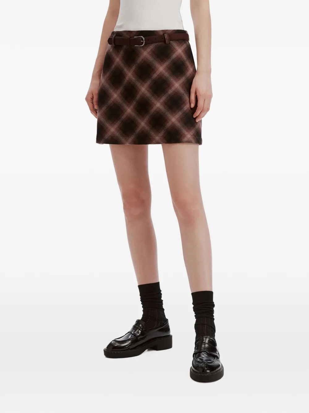 b+ab check-pattern belted mini skirt Bruin