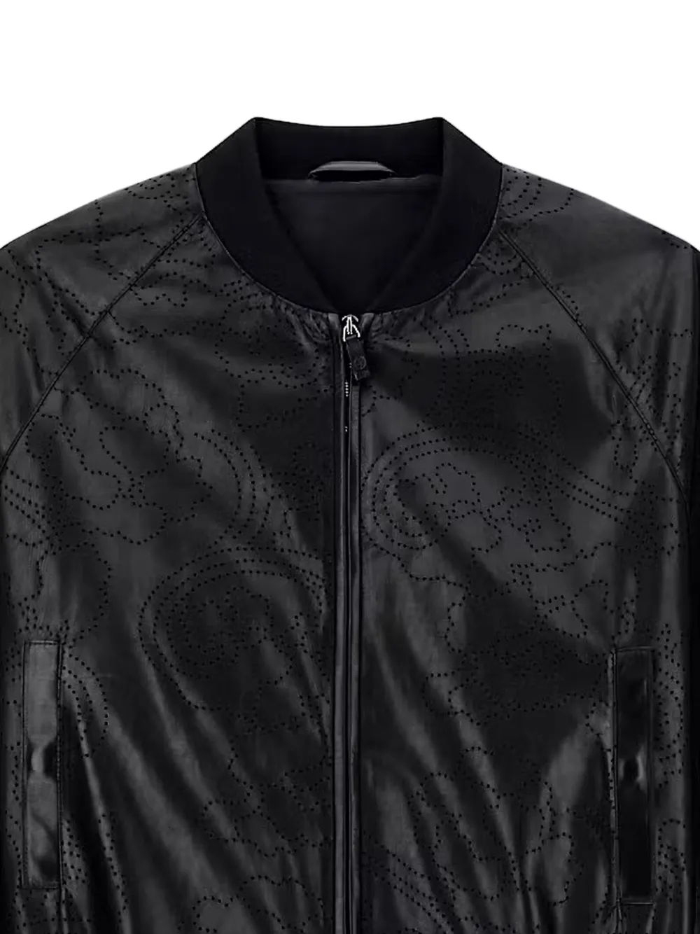 Giorgio Armani Leren bomberjack met paisley-print en geperforeerde details Zwart