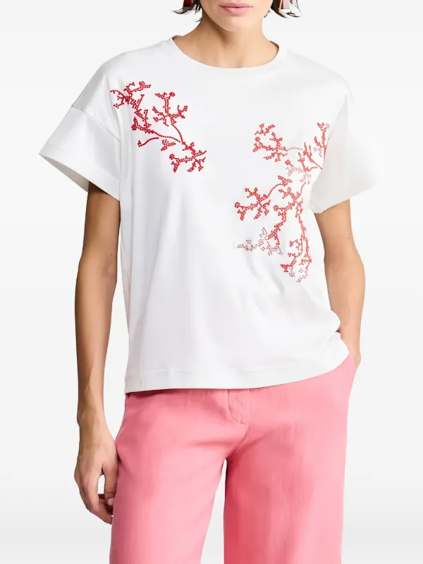 Giorgio Armani Bead-embellished Coral-motif T-shirt in White