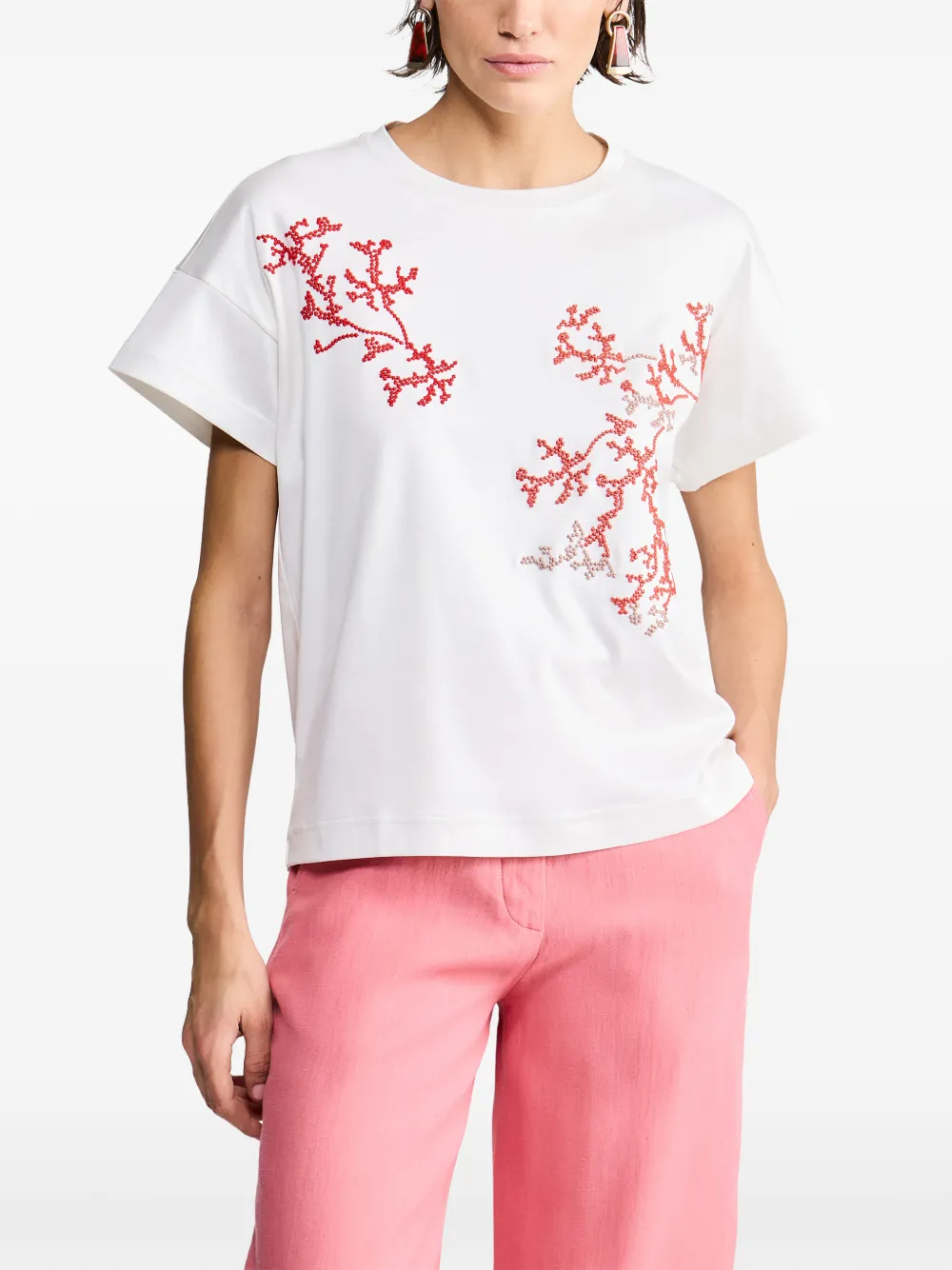 Giorgio Armani T-shirt verfraaid met kralen en koraal-patroon Wit