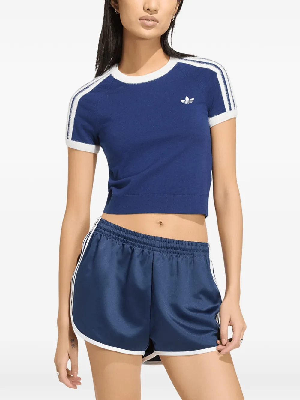 adidas fuzzy-stripe knitted T-shirt Blauw