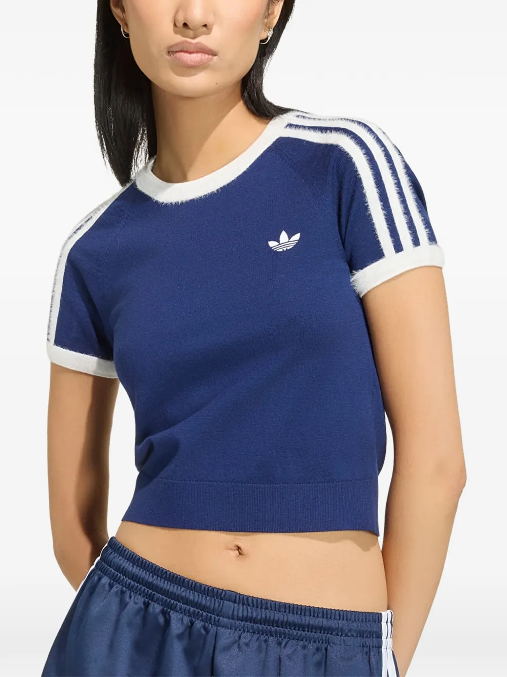 adidas fuzzy-stripe knitted T-shirt Blauw