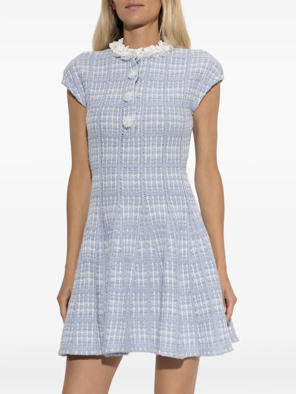 Self-Portrait appliqué-neckline bouclé-knit mini dress Blauw