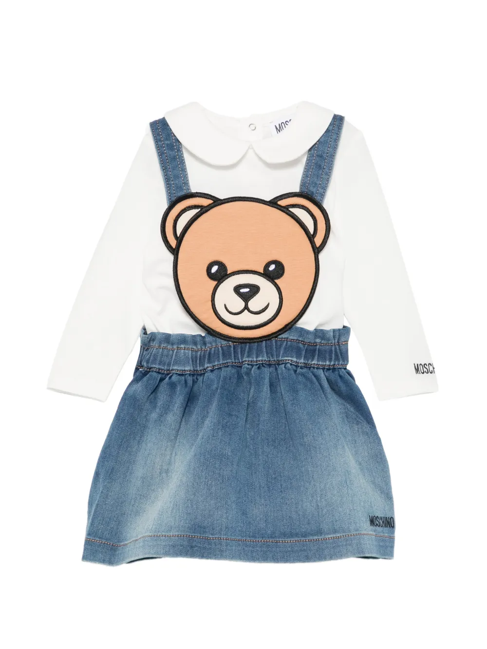 Moschino Kids Teddy Bear denim pinafore dress (set of two) - Bianco