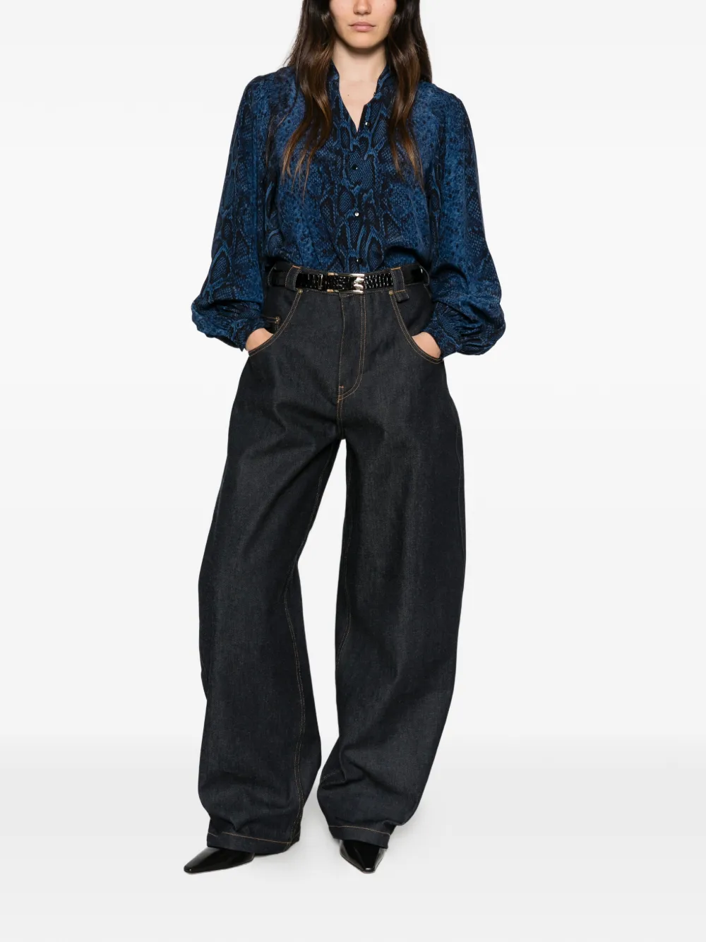 TWINSET Blouse met pofmouwen en slangenprint Blauw
