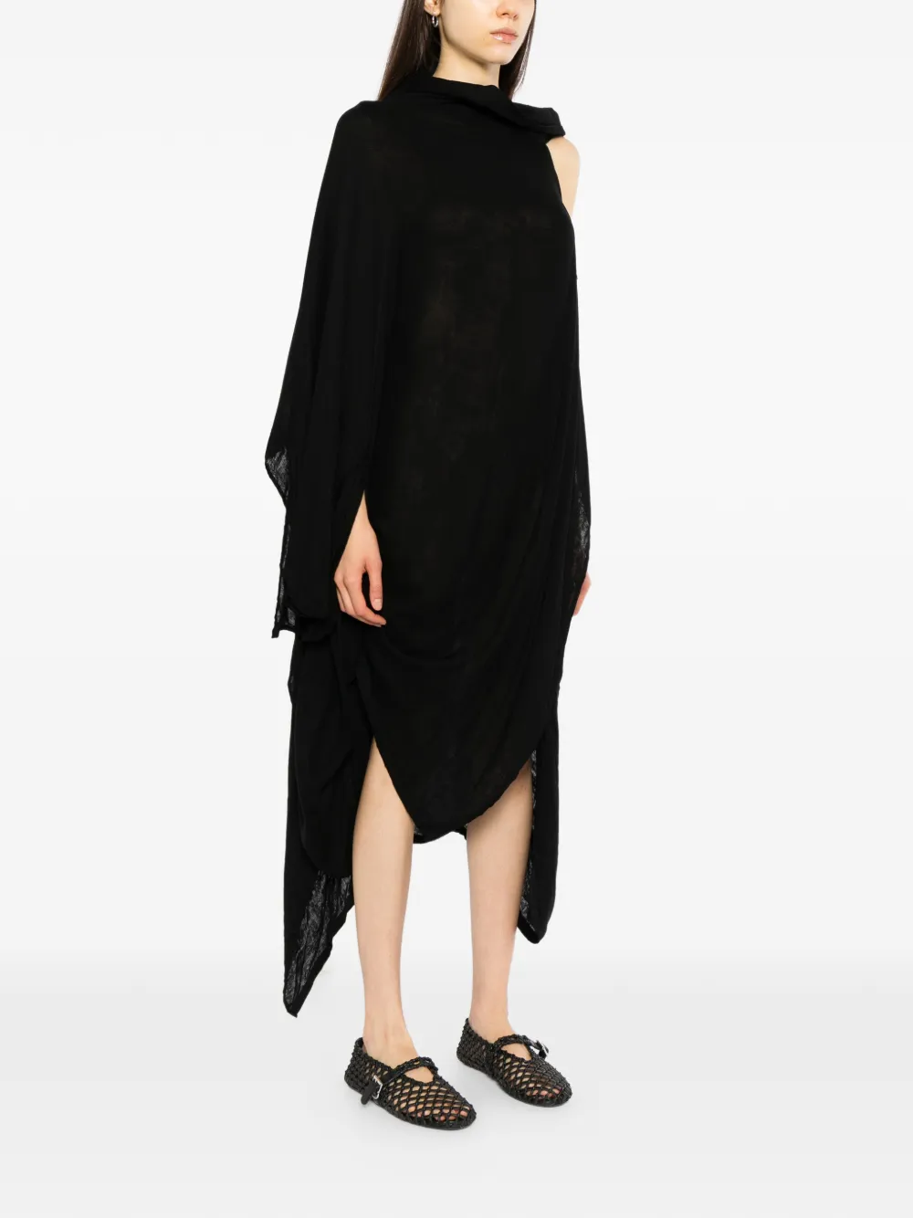 Yohji Yamamoto double-layer gauze asymmetric off-shoulder dress Zwart